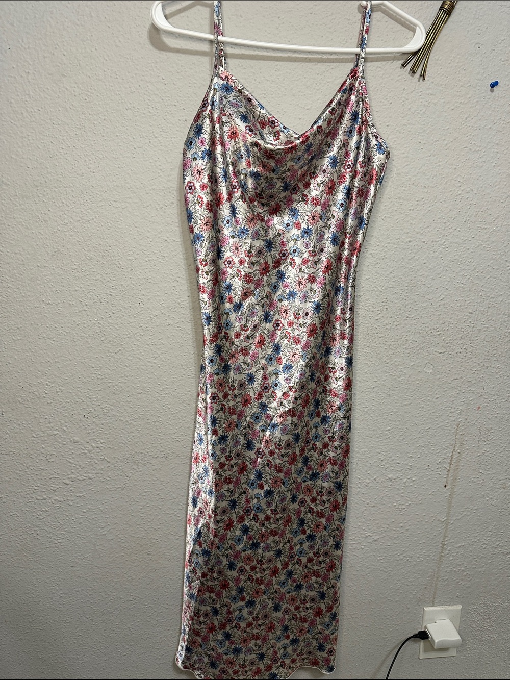 bebe Floral Slip Maxi Dress in Blue, Red, Cream